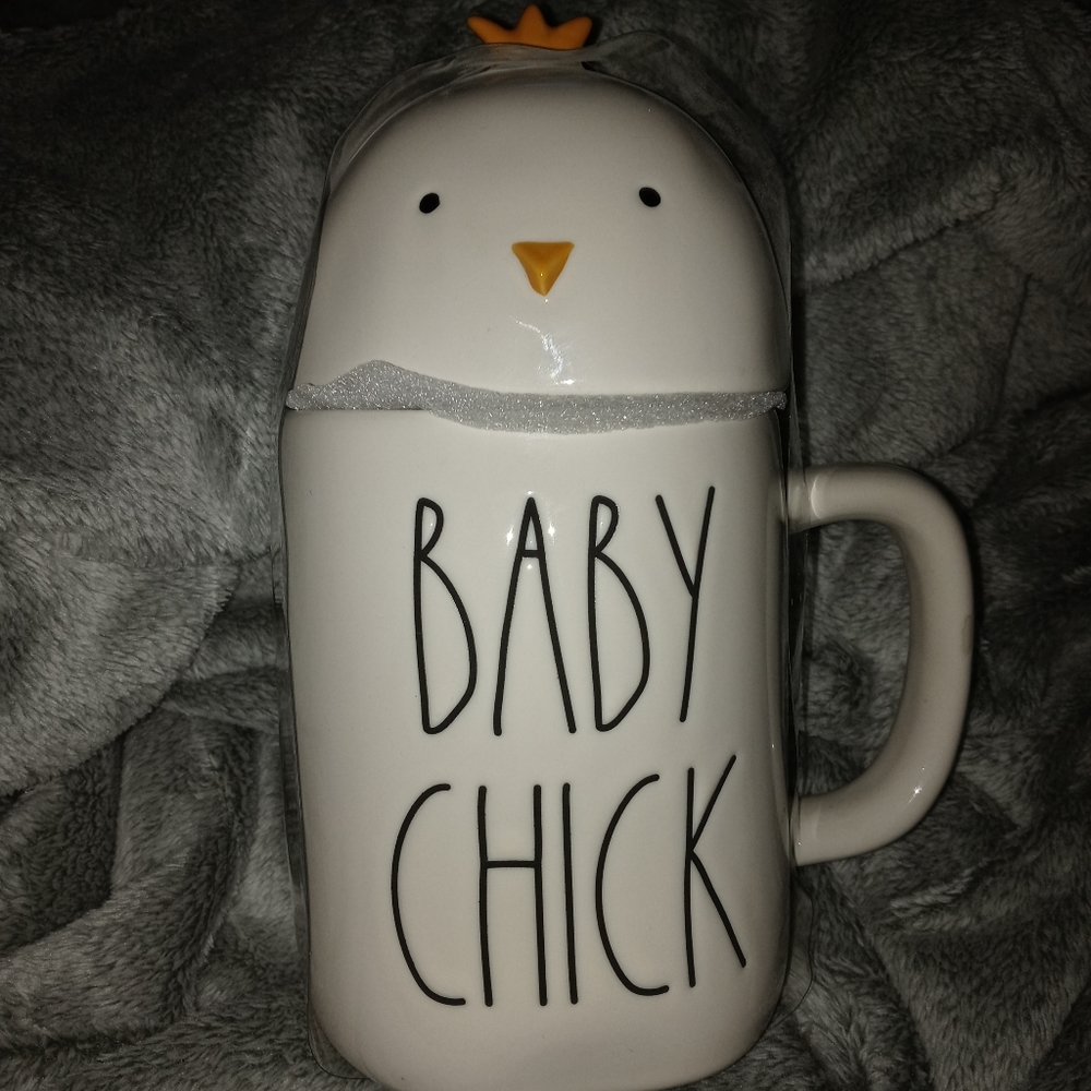 Rae Dunn "Baby Chick" mug with topper